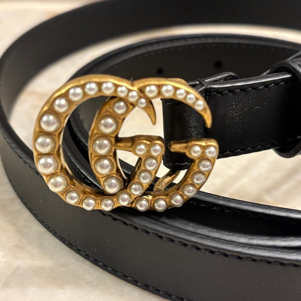 Gucci Black Belt with Gold Pearl Buckle